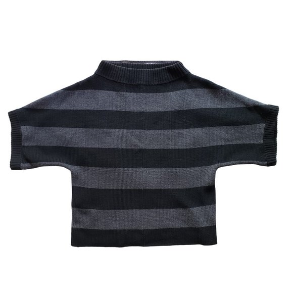 Tory Burch Heavy Warm 100% Wool Oversize Sweater Black Gray Wide Stripe M
